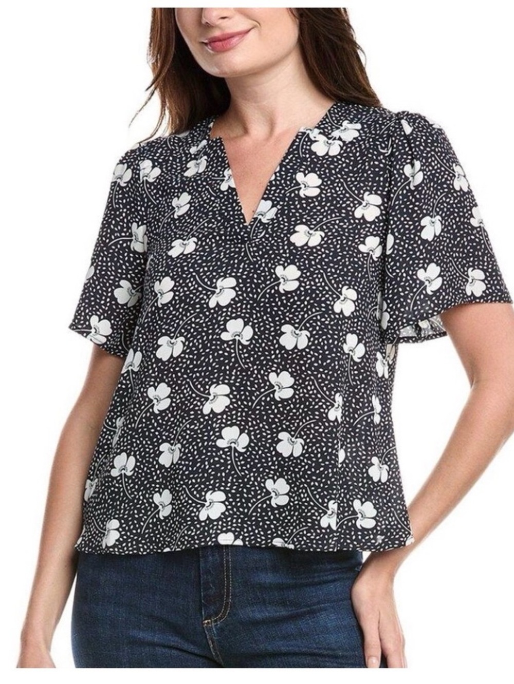 Cabi Printed Essential Top- Black Floral V-Neck Short Sleeve Top